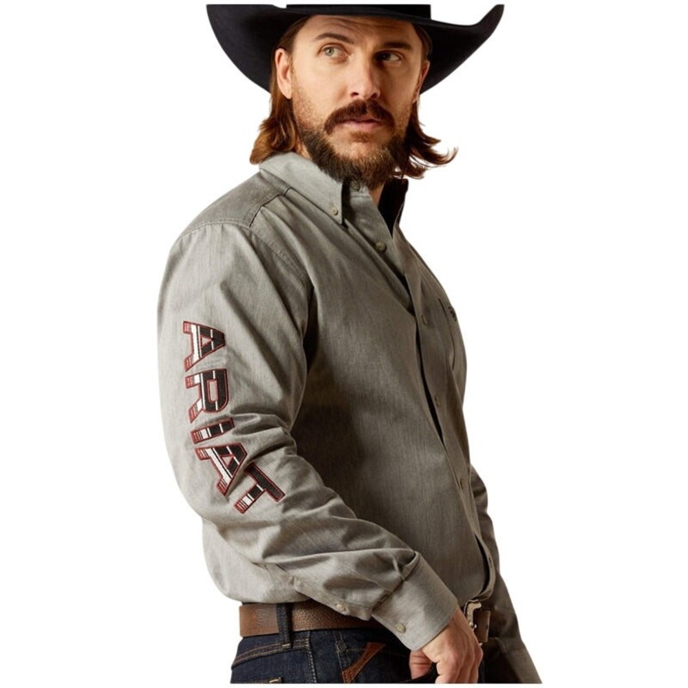 NWT Ariat M Team Logo Twill LS Shirt Grey Black Embroidered Western Rodeo Work